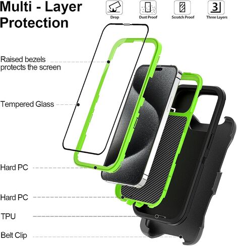for iPhone 14 Case 6.1" Belt-Clip Kickstand with 2 Screen Protector & 2 Camera Lens Protector, Full Body Protection Heavy Duty Case Cover (Black Green+Clip) in Kuwait