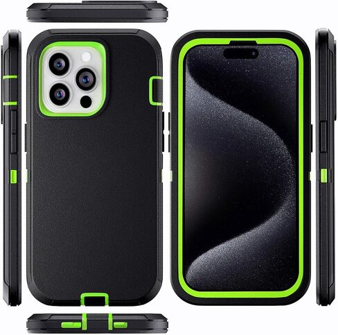 for iPhone 14 Case 6.1" Belt-Clip Kickstand with 2 Screen Protector & 2 Camera Lens Protector, Full Body Protection Heavy Duty Case Cover (Black Green+Clip) in Kuwait