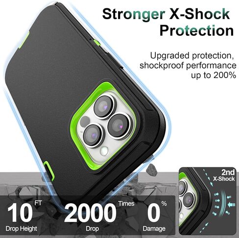for iPhone 14 Case 6.1" Belt-Clip Kickstand with 2 Screen Protector & 2 Camera Lens Protector, Full Body Protection Heavy Duty Case Cover (Black Green+Clip) in Kuwait