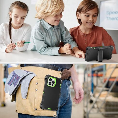 for iPhone 14 Case 6.1" Belt-Clip Kickstand with 2 Screen Protector & 2 Camera Lens Protector, Full Body Protection Heavy Duty Case Cover (Black Green+Clip) in Kuwait
