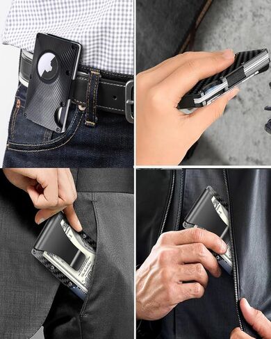 اسجينو اكس محفظة ايرتاج للرجال، محفظة رفيعة بتصميم بسيط مع حامل ايرتاج من الالياف الكربونية بخاصية حجب تحديد الهوية بموجات الراديو وحامل بطاقات الائتمان ومشبك للنقود، لون اسود، تصميم بسيط, أسود, مُبسط in Kuwait