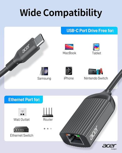 acer USB C to Ethernet Adapter, Gigabit RJ45 to USB 3.0 Type-C Ethernet LAN Network Adapter, Portable Thunderbolt 3/4 Adapter for MacBook Pro/Air, iPad Pro, XPS, Laptop, Smart Phone & More - Silver in Kuwait