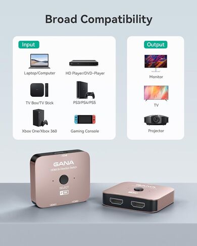 GANA HDMI 2.1 Switch, 8K HDMI Switcher Splitter 2 in 1 Out, Supports 4K@120Hz,8K@60Hz, 48Gbps Aluminum Bi-Directional Ultra HD HDMI Hub Compatible with PS5/4,Xbox,Roku,Apple TV,Fire Stick in Saudi Arabia