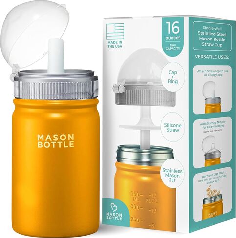 Mason Bottle Stainless Steel Straw Cup, Light-Weight, Single-Wall - Includes 1 Stainless Steel Mason Jar, 1 Ring & Cap, 1 Straw Top (Green) in Kuwait