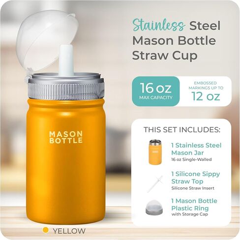 Mason Bottle Stainless Steel Straw Cup, Light-Weight, Single-Wall - Includes 1 Stainless Steel Mason Jar, 1 Ring & Cap, 1 Straw Top (Green) in Kuwait