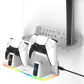 Fosmon PS5 Stand and Cooling Station with RGB LED Light, Dual Charging Station for DualSense/Edge Controller, 10 Game Slots, Headset Holder (Compatible with PlayStation 5 Slim Disc & Digital Version)