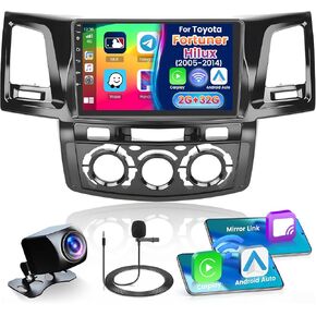 Fuluku[لتويوتا فورتشنر هايلكس 2005-2014] ستيريو سيارة Android13 مع Carplay Android Auto، شاشة لمس 9 بوصات راديو داش كيت GPS للملاحة WiFi Bluetooth SWC Mirror Link، كاميرا احتياطية للميكروفون