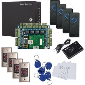 4 Doors IP Based Security Access Control Kit with Metal Case 110V Power Box Metal Keypad Reader+Infrared Exit Button+Desktop Enroll Reader+RFID Keychains/Cards Phone APP remotely Open Door