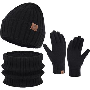 Mens Winter Knit Beanie Hat Scarf Touchscreen Gloves Set, Winter Warm Skull Cap Neck Warmer Gloves Set with Fleece Lined