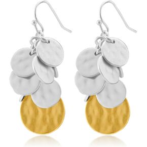 Antique Gold Hammered Disc Drop Earrings Boho Earrings with Two Tone Jewelry Gift