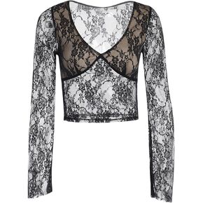 Women Long Sleeve Mesh Crop Top Y2k Off Shoulder Lace T Shirt See Through Slim Fit Sheer Tee Shirts Streetwear