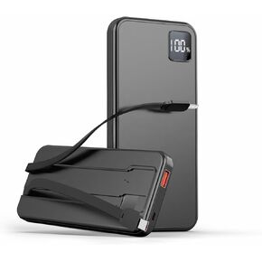 Portable Charger with Built in Cables, Portable Charger with Cords Wires Slim 10000mAh Travel Essentials Battery Pack 4 Outputs 3A High Speed Power Bank for iPhone 15 14 13 Samsung Pixel LG Moto iPad
