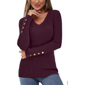 Newshows Womens Sweaters Fall 2023 V Neck Pullover Sweaters Long Sleeve Stretch Button Casual Ribbed Knit Tops Shirts