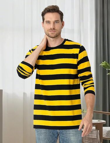 Funny World Men's Striped T-Shirt Crew Neck Long Sleeves Basic Casual Top in Kuwait