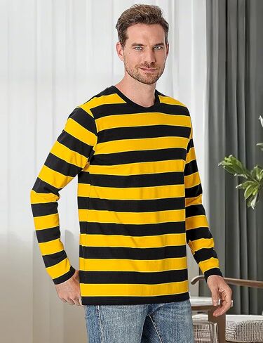 Funny World Men's Striped T-Shirt Crew Neck Long Sleeves Basic Casual Top in Kuwait