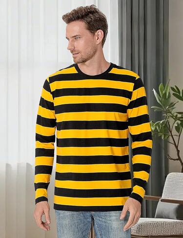 Funny World Men's Striped T-Shirt Crew Neck Long Sleeves Basic Casual Top in Kuwait