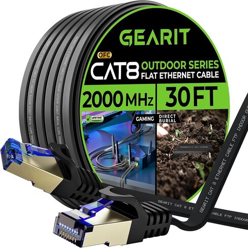 كابل إيثرنت مسطح خارجي GearIT Cat 8 (20 قدمًا، أسود) سترة LLDPE مُصنفة للدفن المباشر - داخلي Cat8 محمي FTP 2000 ميجا هرتز 40 جيجابت في الثانية شبكة كمبيوتر ألعاب عالية السرعة RJ45 سلك توصيل بدون تشابك إنترنت in Kuwait