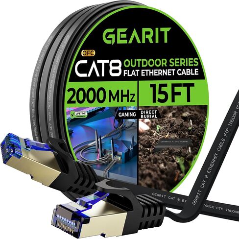 كابل إيثرنت مسطح خارجي GearIT Cat 8 (20 قدمًا، أسود) سترة LLDPE مُصنفة للدفن المباشر - داخلي Cat8 محمي FTP 2000 ميجا هرتز 40 جيجابت في الثانية شبكة كمبيوتر ألعاب عالية السرعة RJ45 سلك توصيل بدون تشابك إنترنت in Kuwait