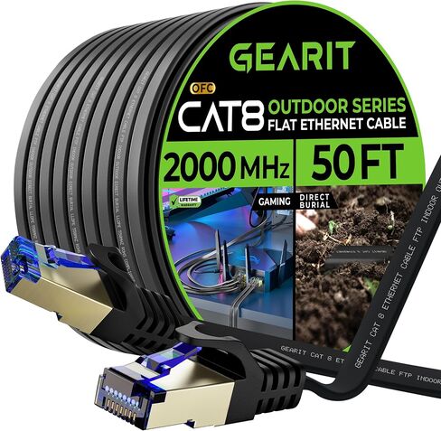كابل إيثرنت مسطح خارجي GearIT Cat 8 (20 قدمًا، أسود) سترة LLDPE مُصنفة للدفن المباشر - داخلي Cat8 محمي FTP 2000 ميجا هرتز 40 جيجابت في الثانية شبكة كمبيوتر ألعاب عالية السرعة RJ45 سلك توصيل بدون تشابك إنترنت in Kuwait
