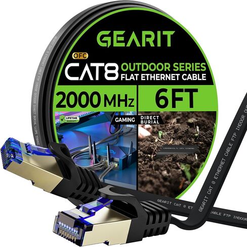 كابل إيثرنت مسطح خارجي GearIT Cat 8 (20 قدمًا، أسود) سترة LLDPE مُصنفة للدفن المباشر - داخلي Cat8 محمي FTP 2000 ميجا هرتز 40 جيجابت في الثانية شبكة كمبيوتر ألعاب عالية السرعة RJ45 سلك توصيل بدون تشابك إنترنت in Kuwait