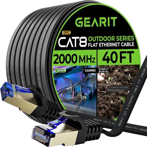 كابل إيثرنت مسطح خارجي GearIT Cat 8 (20 قدمًا، أسود) سترة LLDPE مُصنفة للدفن المباشر - داخلي Cat8 محمي FTP 2000 ميجا هرتز 40 جيجابت في الثانية شبكة كمبيوتر ألعاب عالية السرعة RJ45 سلك توصيل بدون تشابك إنترنت in Kuwait