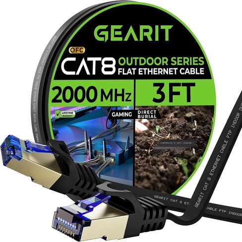 كابل إيثرنت مسطح خارجي GearIT Cat 8 (20 قدمًا، أسود) سترة LLDPE مُصنفة للدفن المباشر - داخلي Cat8 محمي FTP 2000 ميجا هرتز 40 جيجابت في الثانية شبكة كمبيوتر ألعاب عالية السرعة RJ45 سلك توصيل بدون تشابك إنترنت in Kuwait