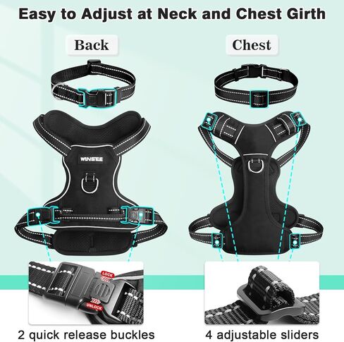 WINSEE Dog/Pet Harnesses No Pull with Dog Collar, Adjustable Reflective Oxford Outdoor Vest, Front/Back Leash Clips for Small, Medium, Large, Extra Large Dogs, Easy Control Handle for Walking in Saudi Arabia