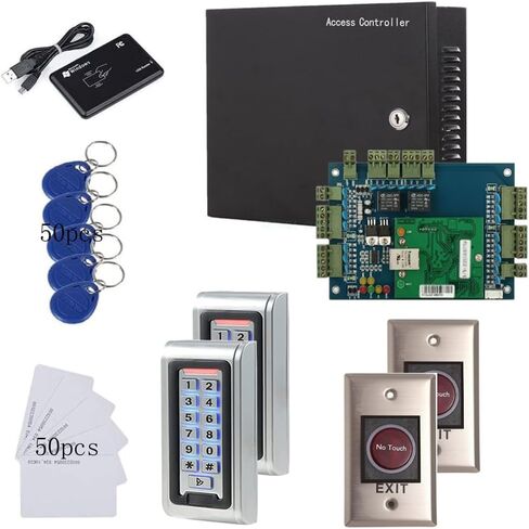 طقم التحكم في الوصول الآمن بـ 4 أبواب IP مع علبة معدنية، صندوق طاقة 110 فولت، قارئ لوحة مفاتيح معدنية + زر خروج بالأشعة تحت الحمراء + قارئ تسجيل سطح المكتب + سلاسل مفاتيح/بطاقات RFID تطبيق الهاتف يفتح الباب عن بعد in Kuwait