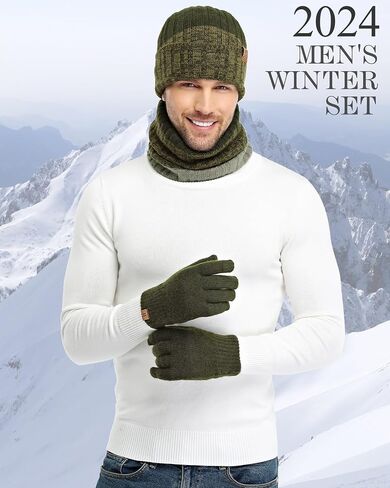 Mens Winter Knit Beanie Hat Scarf Touchscreen Gloves Set, Winter Warm Skull Cap Neck Warmer Gloves Set with Fleece Lined in Kuwait