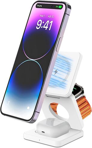 شاحن لاسلكي 3 في 1 قابل للطي لمحطة شحن iPhone السريعة: حامل شاحن 3 في 1 لأجهزة متعددة لسلسلة Apple - iPhone 15 14 13 12 - Apple Watch 9 8 7 6 5 4 3 2 Se - Airpods 3 2 Pro in Kuwait