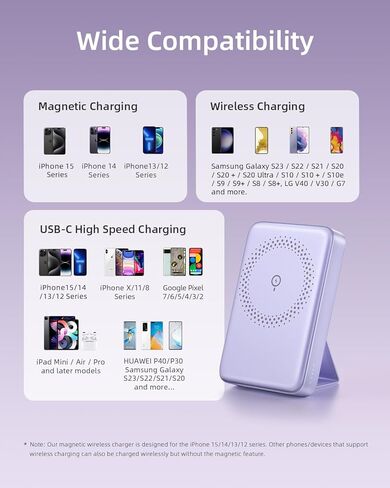 بنك طاقة لاسلكي مغناطيسي، شاحن محمول مغناطيسي بقدرة 10000 مللي أمبير في الساعة مع حامل قابل للطي لسلسلة iPhone 15/14/13/12، شحن سريع PD 20 وات مع كابل USB-C in Kuwait