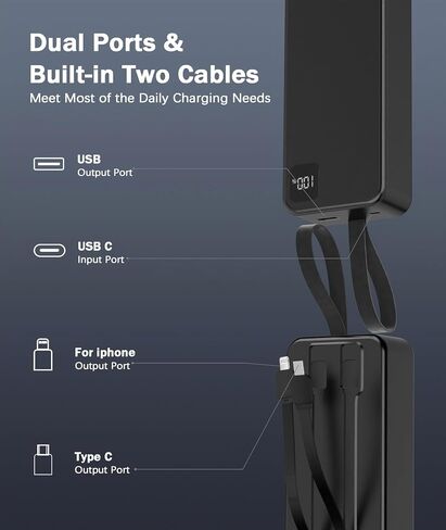 Portable Charger with Built in Cables, Portable Charger with Cords Wires Slim 10000mAh Travel Essentials Battery Pack 4 Outputs 3A High Speed Power Bank for iPhone 15 14 13 Samsung Pixel LG Moto iPad in Saudi Arabia