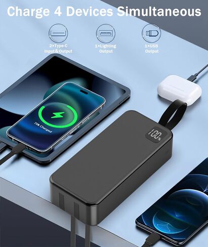 Portable Charger with Built in Cables, Portable Charger with Cords Wires Slim 10000mAh Travel Essentials Battery Pack 4 Outputs 3A High Speed Power Bank for iPhone 15 14 13 Samsung Pixel LG Moto iPad in Saudi Arabia