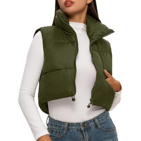 ELLEVEN Women's Cropped Puffer Vest with Pockets, High Stand Collar Crop Outerwear Lightweight Padded Gilet