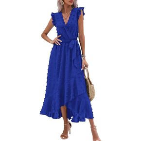 BTFBM Women's 2023 Summer Wrap V Neck Dress Ruffle Sleeve Swiss Dot Boho Ruffle Slit Beach Party Flowy Long Maxi Dresses