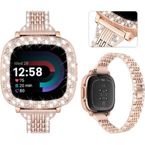 MOFREE Silm Band Compatible with Fitbit Versa 3/Fitbit Sense with Cute Screen Protector Case Women, Bling Jewelry Diamond Metal Strap Replacement Compatible for Fitbit Sense/Versa 3(Rose Gold)