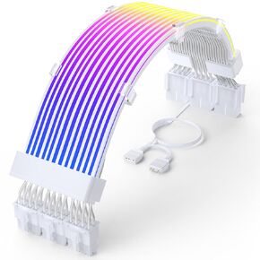 كابل Sirlyr 24 Pin RGB، ملحقات كابلات RGB PSU قابلة للعنونة - لإمدادات الطاقة للوحة الأم للكمبيوتر الشخصي ATX، إعداد حالة الكمبيوتر ARGB، شريط LED رفيع نمط موصل أبيض 10 بوصة