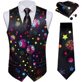 DiBanGu Christmas Men's Suit Vest and Tie Snowflake Waistcoat Necktie Pocket Square Cufflinks Set Festival Party Gifts