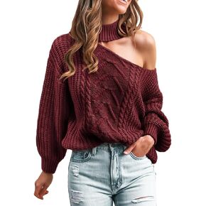 CUPSHE Women's Pullover Sweater Mock Neck One Shoulder Long Sleeve Causal Top Jumper