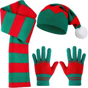 Suhine 3 Pieces Christmas Knitted Santa Hat Set, Including Christmas Hat Knit Striped Scarf and Gloves for Xmas Girls Women Men Party Winter Boys