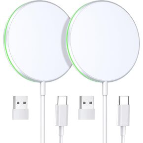2 Pack Magnetic Wireless Charger 15W Fast Apple Mag-Safe Charger for iPhone 15/14/13/12 Series Magnet Wireless Charging Pad for AirPods 3/2/Pro Mag Safe Charger with 5ft Dual Charging Port Cable