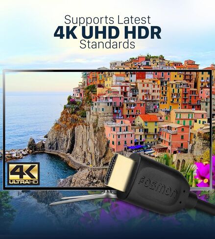 كابل Fosmon HDMI 2.1 8K@60 هرتز 6.5 قدم، تصنيف CL3 داخلي معتمد ممتاز، سرعة فائقة 48 جيجابت في الثانية، 4K@120 هرتز، HDR ديناميكي، HDCP 2.3، ثلاثي الأبعاد، eARC، 30AWG قطن مضفر متوافق مع شاشة تلفزيون UHD والمزيد in Kuwait