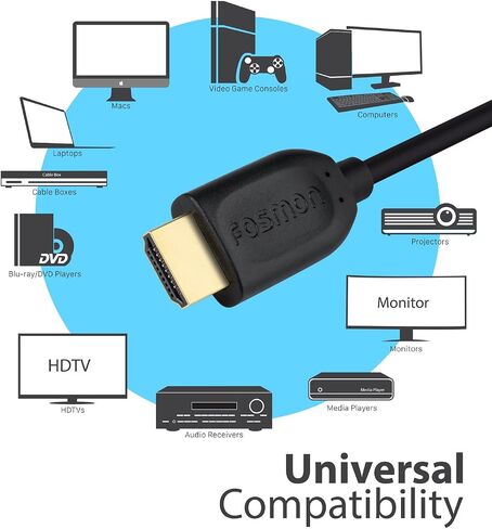 كابل Fosmon HDMI 2.1 8K@60 هرتز 6.5 قدم، تصنيف CL3 داخلي معتمد ممتاز، سرعة فائقة 48 جيجابت في الثانية، 4K@120 هرتز، HDR ديناميكي، HDCP 2.3، ثلاثي الأبعاد، eARC، 30AWG قطن مضفر متوافق مع شاشة تلفزيون UHD والمزيد in Kuwait