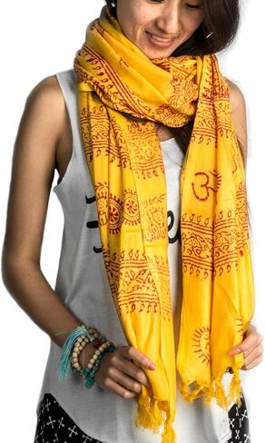 وشاح Tribe Azure Large Om وشاح يوجا من مزيج القطن الناعم المطبوع يدويًا بوهو بوهيمي أبيض وأسود وأصفر in Kuwait