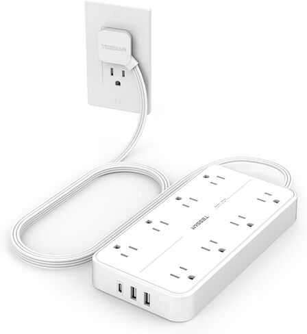قطاع الطاقة الواقي من زيادة التيار، سلك تمديد مسطح TESSAN مع 8 منافذ و3 منافذ USB (1 USB C)، حماية 1080 جول، محطة شحن قابلة للتركيب على الحائط للمنزل والمكتب والمدرسة وأساسيات غرفة النوم in Kuwait
