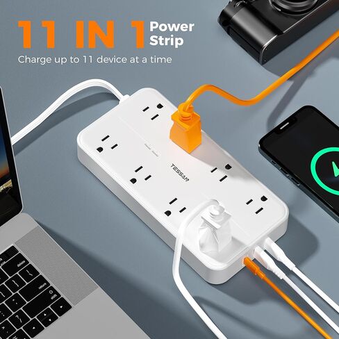 قطاع الطاقة الواقي من زيادة التيار، سلك تمديد مسطح TESSAN مع 8 منافذ و3 منافذ USB (1 USB C)، حماية 1080 جول، محطة شحن قابلة للتركيب على الحائط للمنزل والمكتب والمدرسة وأساسيات غرفة النوم in Kuwait