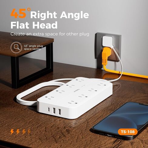 قطاع الطاقة الواقي من زيادة التيار، سلك تمديد مسطح TESSAN مع 8 منافذ و3 منافذ USB (1 USB C)، حماية 1080 جول، محطة شحن قابلة للتركيب على الحائط للمنزل والمكتب والمدرسة وأساسيات غرفة النوم in Kuwait