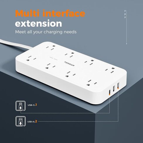 قطاع الطاقة الواقي من زيادة التيار، سلك تمديد مسطح TESSAN مع 8 منافذ و3 منافذ USB (1 USB C)، حماية 1080 جول، محطة شحن قابلة للتركيب على الحائط للمنزل والمكتب والمدرسة وأساسيات غرفة النوم in Kuwait