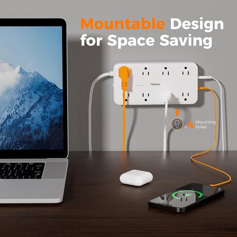 قطاع الطاقة الواقي من زيادة التيار، سلك تمديد مسطح TESSAN مع 8 منافذ و3 منافذ USB (1 USB C)، حماية 1080 جول، محطة شحن قابلة للتركيب على الحائط للمنزل والمكتب والمدرسة وأساسيات غرفة النوم in Kuwait