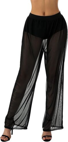 Springcmy Women Ruffle Sheer Mesh Pants See Through Bikini Bottom Swimsuit Cover up Wide Leg Beach Pants in Kuwait